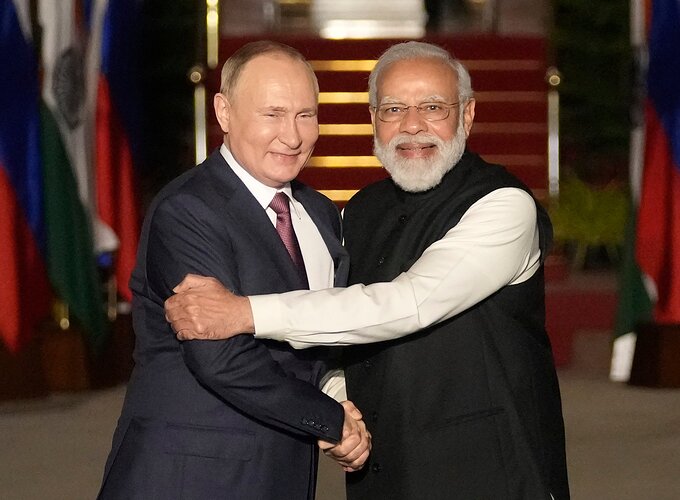 Indian Prime Minister Narendra Modi welcomes Russian President Vladimir Putin to New Delhi in 2021. Modi called their countries’ friendship “unbreakable” during a meeting last year. Photo: AP