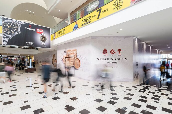 Blurry figures move quickly past a construction sign within a mall.