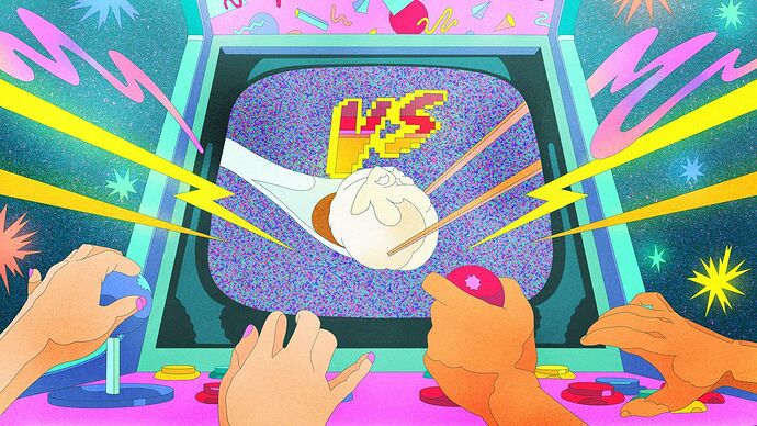 An illustrated, retro arcade game screen shows a dumpling, with hands in mid-play.