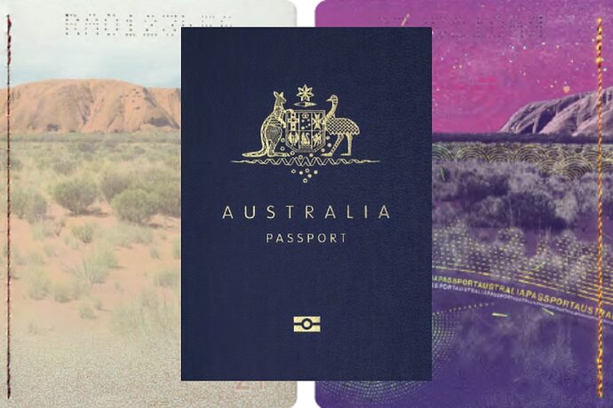 Side by side photos of the new Australian R Series passport features a photo of a landscape at day and night